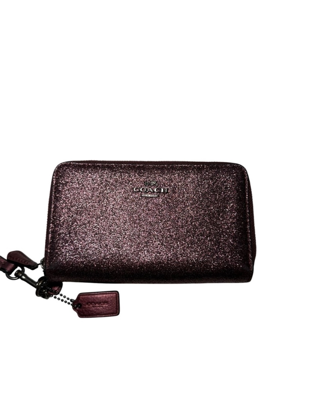 Coach Women's Glitter Zip Wallet Wristlet in Deep Plum